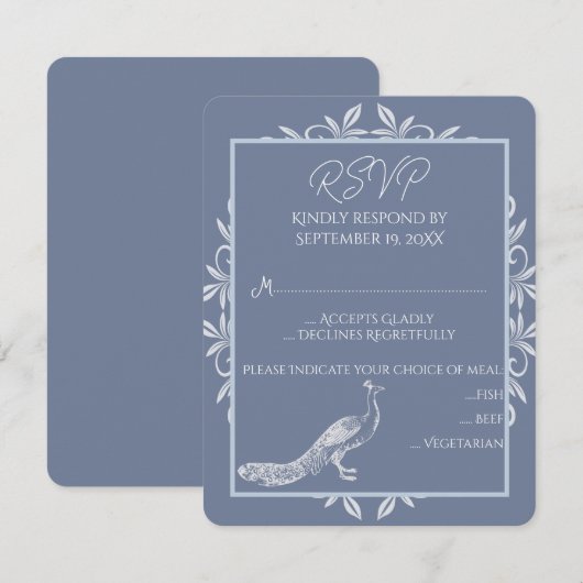 Dusty Blue Peacock Flourish Wedding RSVP Card (Voorkant / Achterkant)