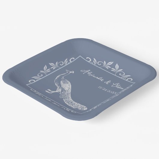 Dusty Blue Peacock Flourish Wedding Shower Papieren Bordje (Gebogen)