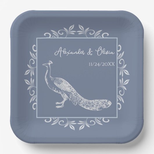 Dusty Blue Peacock Flourish Wedding Shower Papieren Bordje (Voorkant)