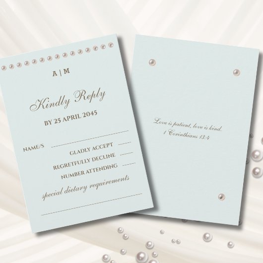 Dusty Blue Pearl Christian Wedding RSVP Card 