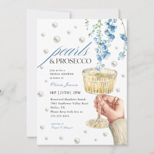 Dusty Blue Pearls & Prosecco Brunch Vrijgezellenfe Kaart (Voorkant)