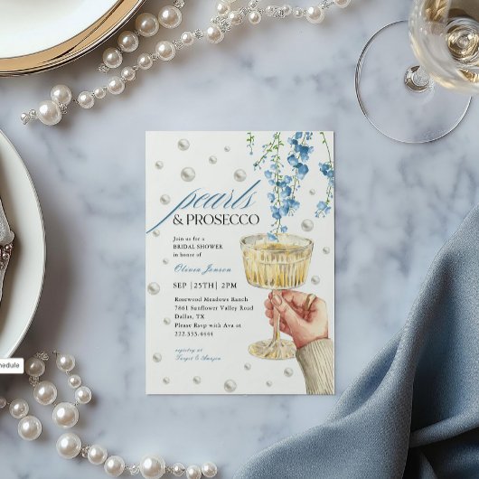 Dusty Blue Pearls & Prosecco Brunch Vrijgezellenfe Kaart