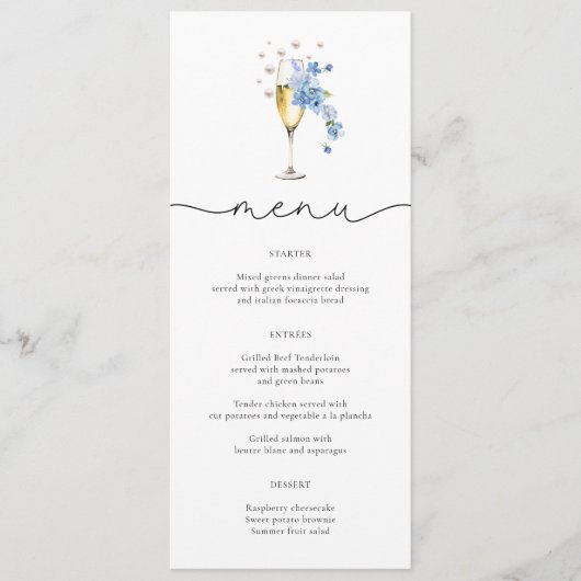 Dusty Blue Pearls & Prosecco Wildflower Menu Kaart (Voorkant)