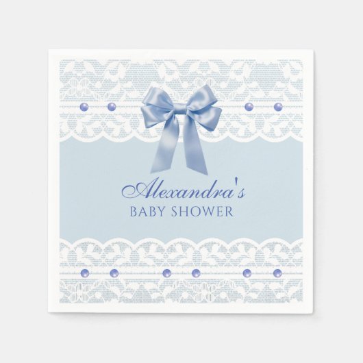 Dusty Blue Pearls Satijn Bow Lace Baby shower Servet (Voorkant)