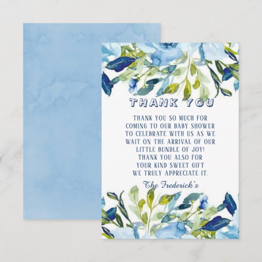 Dusty Blue Peonies Boy Baby shower Bedankkaart (Voorkant / Achterkant)