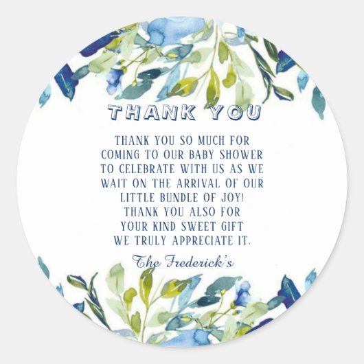 Dusty Blue Peonies Boy Baby shower Dank u wel Ronde Sticker (Voorkant)