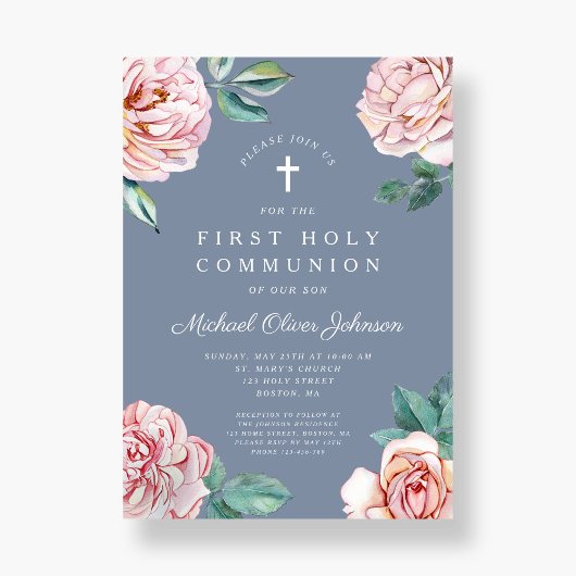 Dusty Blue Peonies Religious Boy First Community Kaart