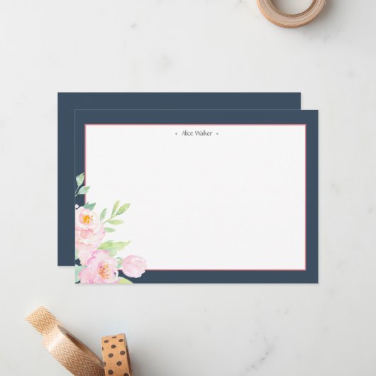 Dusty Blue Peonies Stationery Note Kaart Notitiekaartje (Voorkant / Achterkant in situ)