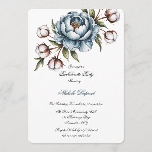 Dusty Blue Peony and Cotton Bachelorette Party Kaart (Voorkant)