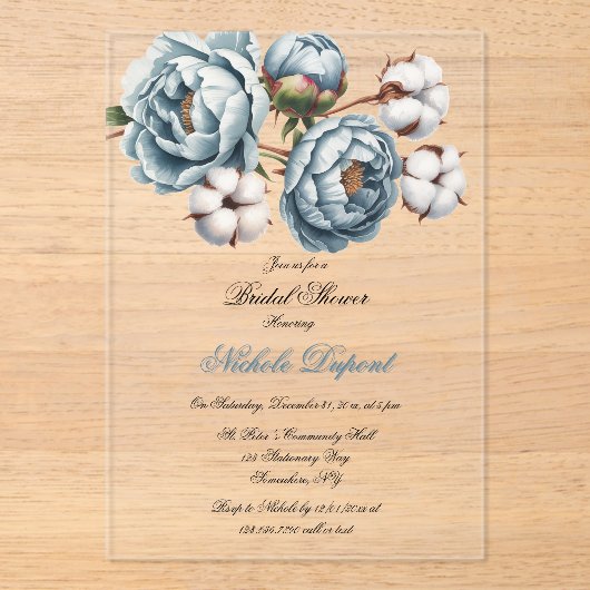 Dusty Blue Peony and Cotton Bridal Shower Acryl Uitnodigingen (Voorkant)