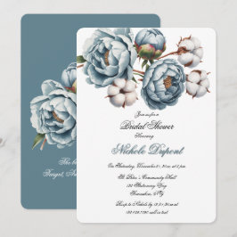 Dusty Blue Peony and Cotton Bridal Shower Kaart