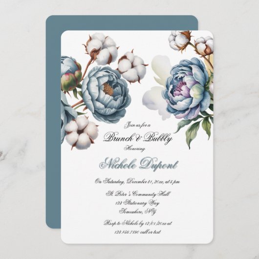 Dusty Blue Peony and Cotton Brunch & Bubbly Kaart (Voorkant / Achterkant)