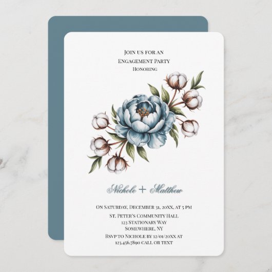 Dusty Blue Peony and Cotton Engagement Party Kaart (Voorkant / Achterkant)