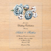 Dusty Blue Peony and Cotton Wedding Acryl Uitnodigingen (Voorkant)