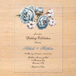 Dusty Blue Peony and Cotton Wedding Acryl Uitnodigingen