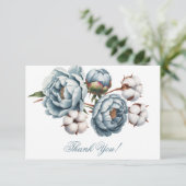 Dusty Blue Peony and Cotton Wedding Bedankkaart (Staand voorkant)