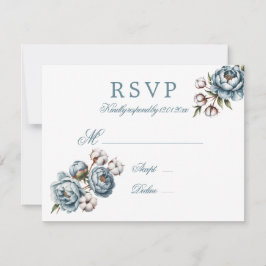 Dusty Blue Peony and Cotton Wedding RSVP Kaartje