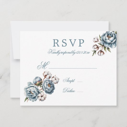 Dusty Blue Peony and Cotton Wedding RSVP Kaartje (Voorkant)