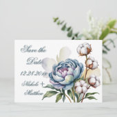 Dusty Blue Peony and Cotton Wedding Save The Date (Staand voorkant)