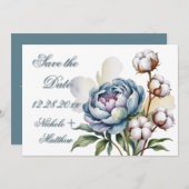 Dusty Blue Peony and Cotton Wedding Save The Date (Voorkant / Achterkant)