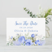 Dusty Blue Peony Blossom Chic Save the Date Kaart (Staand voorkant)