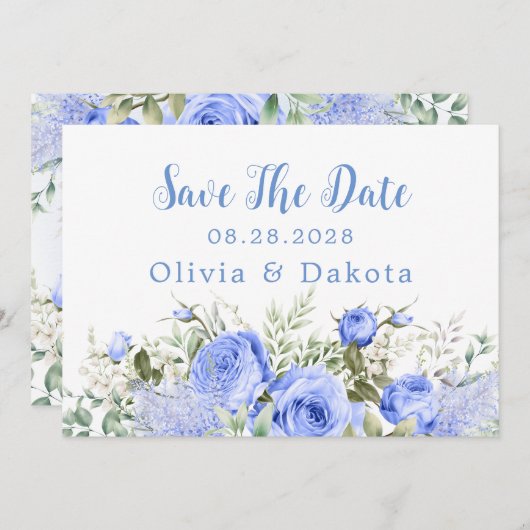 Dusty Blue Peony Blossom Chic Save the Date Kaart (Voorkant / Achterkant)