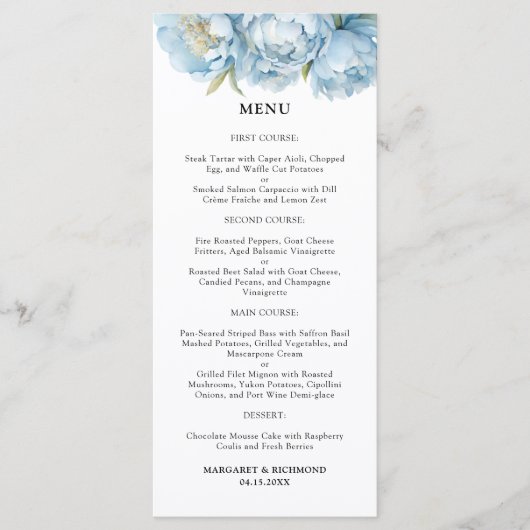 Dusty Blue Peony Elegant Waterverf Wedding Menu (Voorkant)