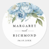 Dusty Blue Peony Elegant Waterverf Wedding Ronde Sticker (Voorkant)