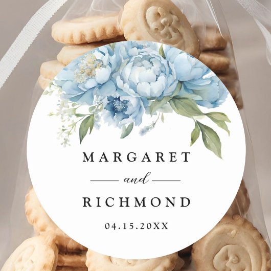 Dusty Blue Peony Elegant Waterverf Wedding Ronde Sticker