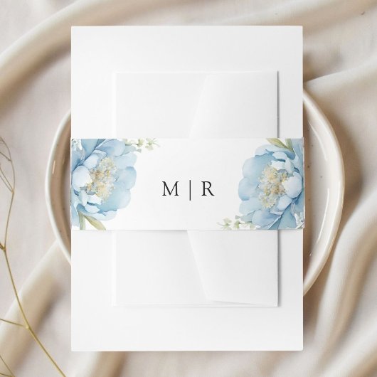 Dusty Blue Peony Elegant Waterverf Wedding Uitnodigingen Wikkel