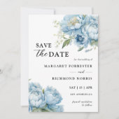 Dusty Blue Peony Elegant Wedding Save the Date Kaart (Voorkant)