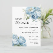 Dusty Blue Peony Elegant Wedding Save the Date Kaart (Staand voorkant)