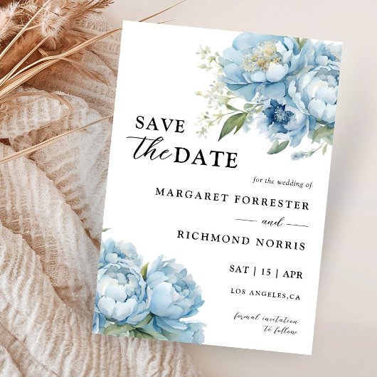 Dusty Blue Peony Elegant Wedding Save the Date Kaart