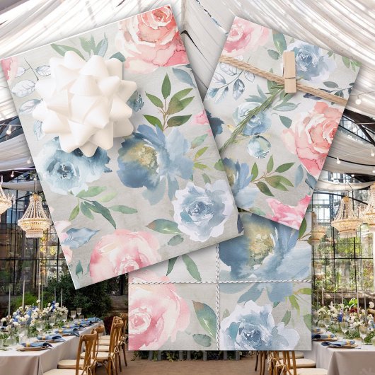 Dusty Blue Peony en Roze Roses Garden Inpakpapier Vel