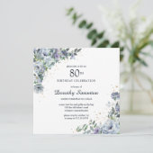 Dusty Blue Peony Floral 80th Birthday Kaart (Staand voorkant)