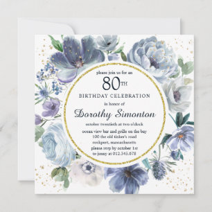 Dusty Blue Peony Floral 80th Birthday Party Kaart