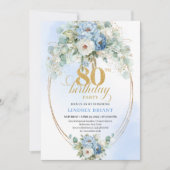 Dusty Blue Peony Floral Gold Elegant 80th Invite Kaart (Voorkant)