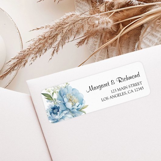 Dusty Blue Peony Floral Wedding Retouradres Etiket