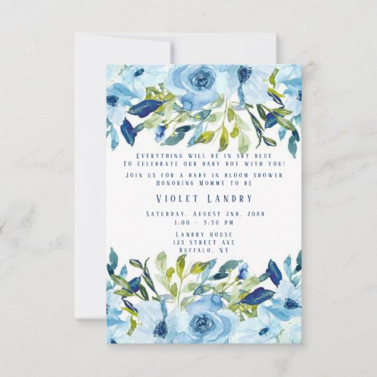 Dusty Blue Peony Florals Boy Baby in Bloom Shower Kaart (Voorkant)