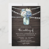 Dusty Blue Peony Mason Jar QR Code Wood Weddenscha Kaart (Voorkant)