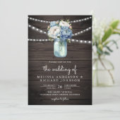 Dusty Blue Peony Mason Jar QR Code Wood Weddenscha Kaart (Staand voorkant)