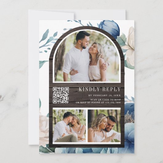 Dusty Blue Peony Mason Jar QR Code Wood Weddenscha Kaart (Achterkant)