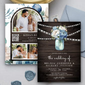 Dusty Blue Peony Mason Jar QR Code Wood Weddenscha Kaart