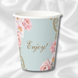 Dusty Blue Peony Rococo Floral Baby shower Papieren Bekers