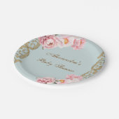 Dusty Blue Peony Rococo Pink Floral Baby shower Papieren Bordje (Gekanteld)