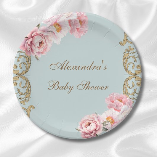Dusty Blue Peony Rococo Pink Floral Baby shower Papieren Bordje