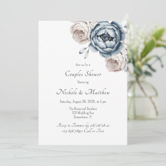 Dusty Blue Peony Roos en Glitter Couples Douche Kaart (Staand voorkant)