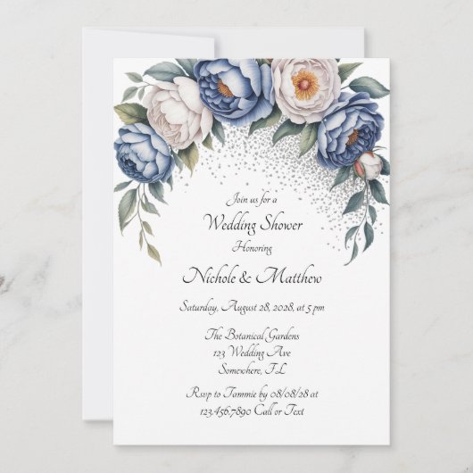 Dusty Blue Peony Roos en Glitter Trouwdouche Kaart (Voorkant)