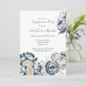 Dusty Blue Peony Roos & Glitter Engagement Party Kaart (Staand voorkant)