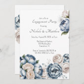 Dusty Blue Peony Roos & Glitter Engagement Party Kaart (Voorkant / Achterkant)